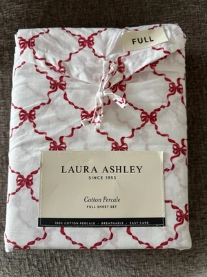 4pc Laura Ashley Full Sheet Set Cottage BOW RIBBON Red & White, New - Image 1 of 2