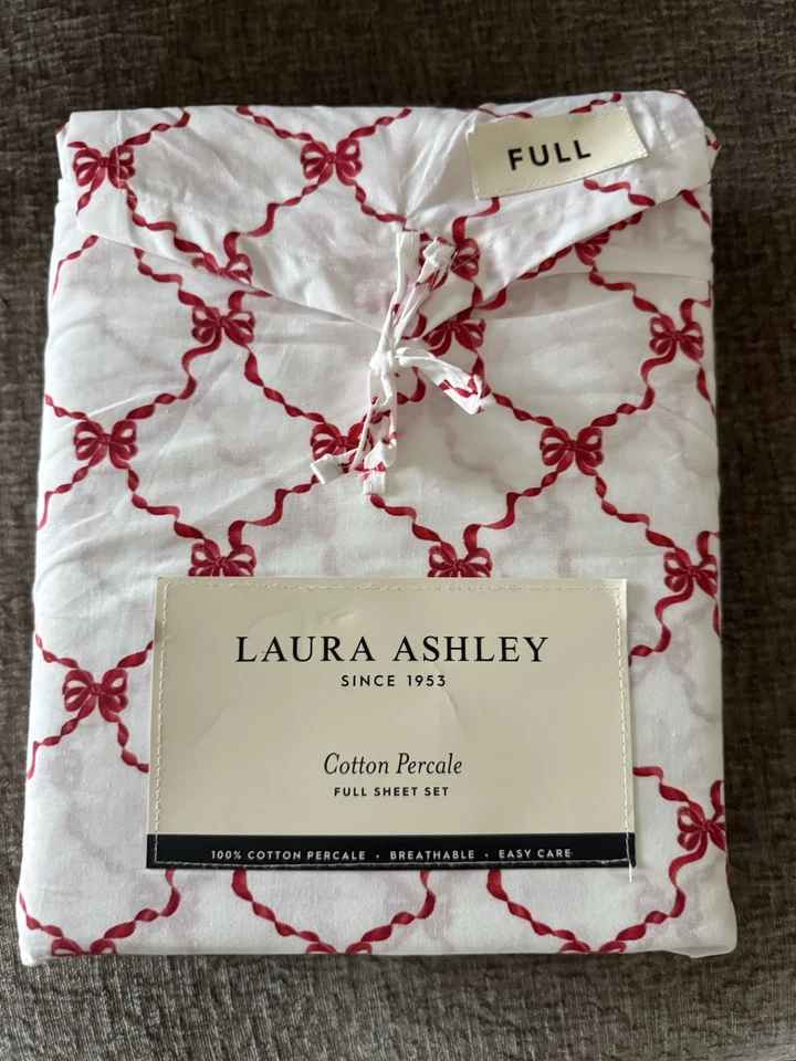 4pc Laura Ashley Full Sheet Set Cottage BOW RIBBON Red & White, New - Image 1 of 2