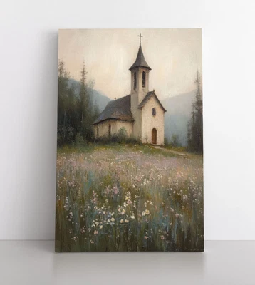 Old Church Spring Flowers Painting Print on Framed Canvas, Muted Neutral Vintage - Image 1 of 4
