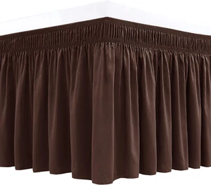 Wrap around Bed Skirts for Queen Beds 15" Drop, Brown Adjustable Elastic Dust Ru - Picture 1 of 12