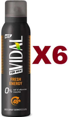 6 PZ VIDAL FOR MEN DEODORANTE FRESH ENERGY 48H SPRAY 150ML 0% MACCHIE