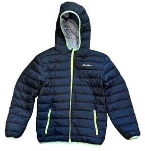Eddie Bauer Boy's Puffer Down Jacket Reversible Black Silver Size Large - Picture 1 of 6
