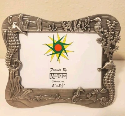Silver Pewter Tone Seahorses  Ocean Themed Picture Frame Mistco. Inc 5" × 3.5" - Image 1 of 4