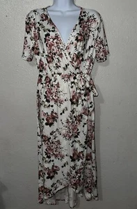 Due time Maternity Wrap Dress White Pink Floral Dress Fits Sz Large Fairy - Picture 1 of 7