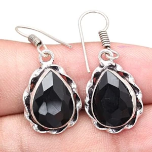 Schwarz Wirbelsäule Edelstein Handarbeit Geschenk für sie Silber Schmuck Ohrringe 1,5" - Bild 1 von 7