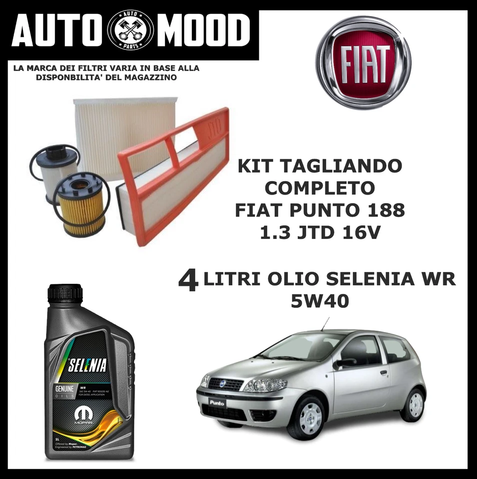 KIT TAGLIANDO PUNTO 188 KIT TAGLIANDO FIAT PUNTO 188 1.3 Multijet JTD 16V 4 FILTRI + 4L SELENIA WR 5W40