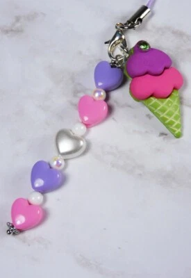 Cono de Helado Corazón Hecho a Mano Teléfono Celular Dije Cordón Correa Púrpura Rosa Nuevo Foto 1 de 4