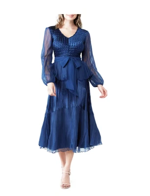 Komarov Long Sleeve V-neck Charmeuse & Chiffon A-Line Peplum Dress Blue - Image 1 of 4