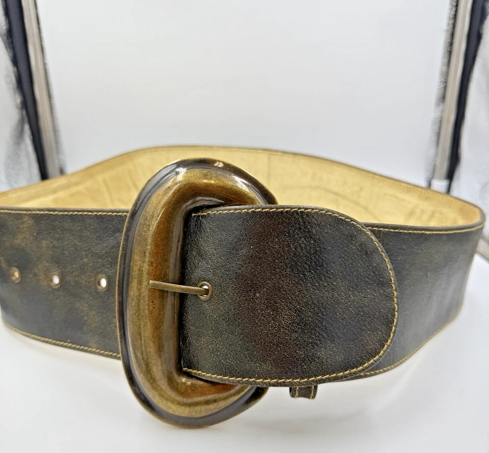 Cinturón Vintage Ancho Enorme Color Bronce Cuero Hebilla Cintura Med Grande Foto 1 de 4