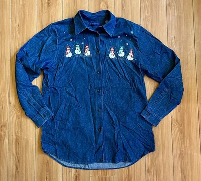 Vtg Karen Scott Denim Christmas Shirt Long Sleeve Embroidered Snowman Small - Image 1 of 4