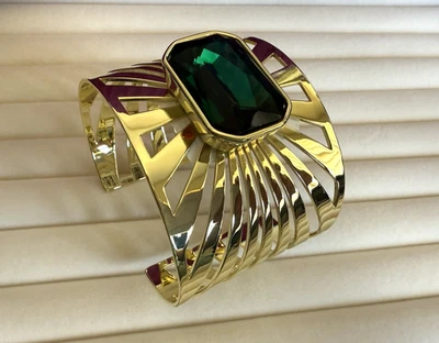 HEIDI DAUS "Sunray" Goldtone Octagonal Crystal Cuff Bracelet Emerald Large NWT - Image 1 of 4