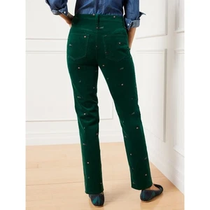 Talbots Corduroy Straight Leg Pants Christmas Cheer Embroidered Size 14P Green - Picture 1 of 10
