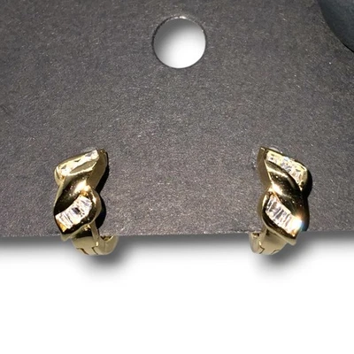 14K Gold Hoop Huggie Earrings Baguette Cut With VVS1 D Color - Sterling Silver - Image 1 of 4