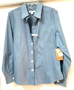 NWT Coldwater Creek No Iron Shirt Large 14 16 Blue Button Up Blouse Top New - Picture 1 of 6