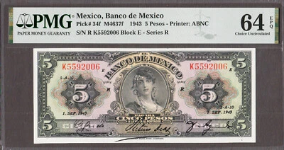 Mexico 5 Pesos 1/9/1943 M4637f Pick-34f Choice UNC PMG 64 EPQ - Image 1 of 2