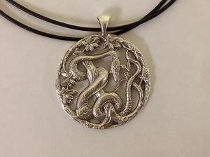 Heavy Sterling silver snake serpent 20" necklace new black leather - Picture 1 of 2