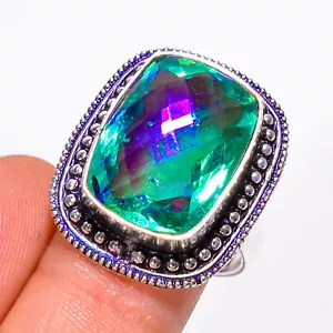 Mystic Quartz Gemstone Vintage Handmade .925 Silver Plated Ring 7.75 US GSR1470 - Picture 1 of 2