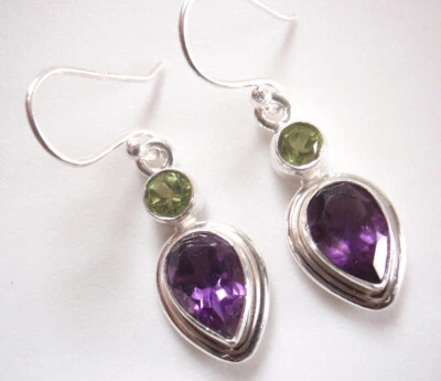Pendientes facetados de peridoto y lágrima de amatista doble gema de plata de ley 925 Foto 1 de 3