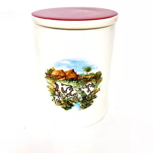 Farmhouse Ceramic Canister Small Cream With Red Lid Barn Cows River - Picture 1 of 8