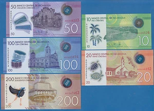 Nicaragua Set 5 Polymer notes 10 20 50 100 200 P 209 210 211 212 213 UNC 2014 - Picture 1 of 2