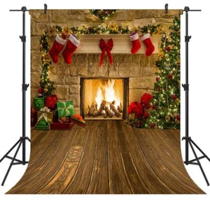 Telón de fondo temático de chimenea de Navidad de 8X8 pies para fotografía árbol calcetín decoración de regalo... - Imagen 1 de 6