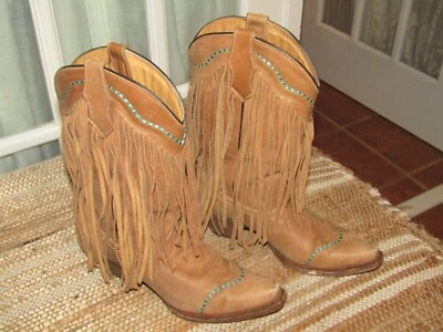 Botas vaqueras occidentales Corral Teen A3154 de cuero tostado con flecos largos punta corta talla 3,5 Foto 1 de 4