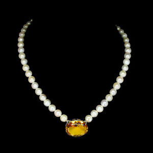 Unheated Oval Yellow Citrine 25x18mm Pearl 925 Sterling Silver Necklace 17.5 Ins