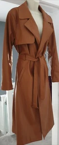 1970s Vgt Style Boho Bohemian Tan Brown Faux Leather Belted Trench Coat Mac 14 - Picture 1 of 9