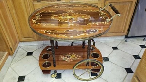 Vntg INLAID Wood MARQUETRY Liquor Bar Tea Cart BRASS Wheels Trim Drop Leaf ITALY - Picture 1 of 12