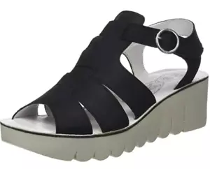 Fly London YUNI Black Leather Ankle Strap Wedge Sandals US 8-8.5 EU 39 - Picture 1 of 6