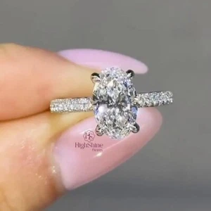 3CT Oval Cut Real Moissanite Hidden Halo Pave set Wedding Ring 14K White Gold - Picture 1 of 7