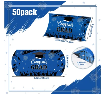 Congrats GRAD Graduación 50 piezas Almohada Caja de Regalo Fiesta Favor Caja Azul y Negro Foto 1 de 4