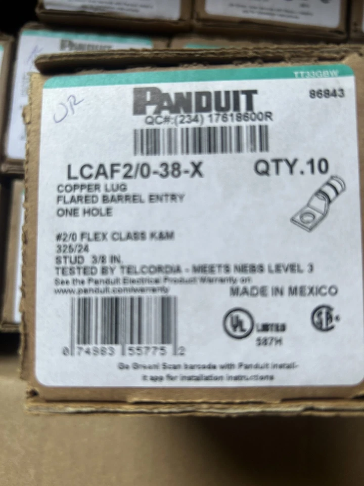 Panduit LCAF2/0-38-X 2/0 Copper Lugs, 3/8" Stud Qty 10 - Image 1 of 1