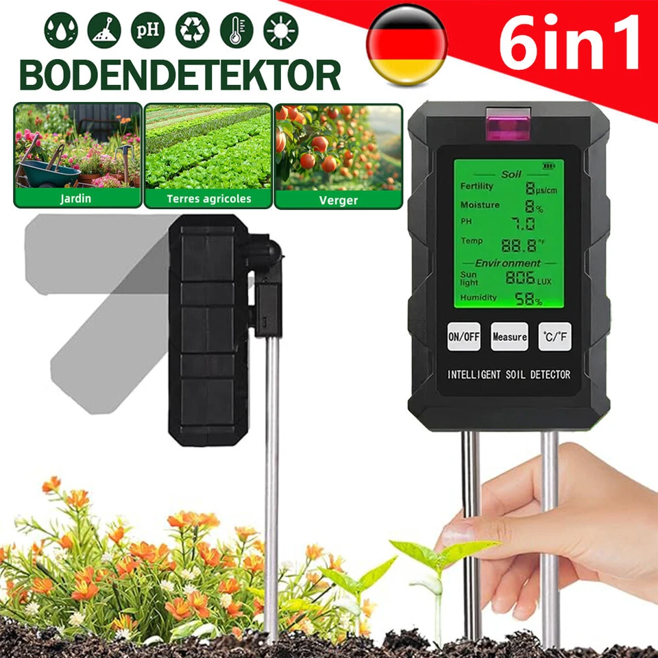 6 in-1 Bodentester Messgerät PH Wert Bodenmessgerät Pflanzen Feuchtigkeitsmesser - Bild 1 von 4
