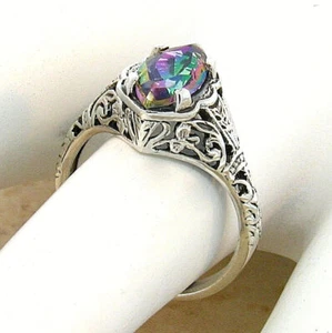 DECO ANTIQUE STYLE RAINBOW MYSTIC QUARTZ 925 STERLING SILVER RING           784Z - Picture 1 of 4