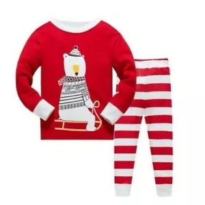 Unisex Kinder Weihnachten Baumwolle Pyjama Set, Rot Weiß Bär Design, Nachtwäsche - Bild 1 von 2