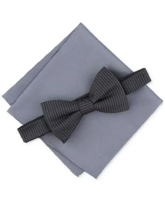 Alfani Mens Ludlow Textured Bow Tie & Pocket Square Black Silver OS