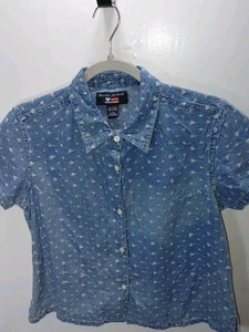 💙Vintage Quizz Jeans Womens Large Denim Floral Embroidered Preppy Short Sleeve - Picture 1 of 7