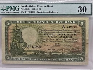 1941 South African Reserve Bank - 5 Pound graded - PMG 30VF Pick# 86b - Picture 1 of 3