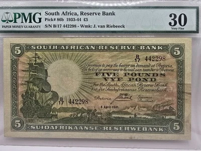 1941 South African Reserve Bank - 5 Pound graded - PMG 30VF Pick# 86b - Image 1 of 3