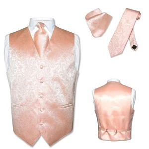 Men's Dress VEST NeckTie for Suit PEACH Pink Color PAISLEY Design Tie Hanky L - Picture 1 of 3