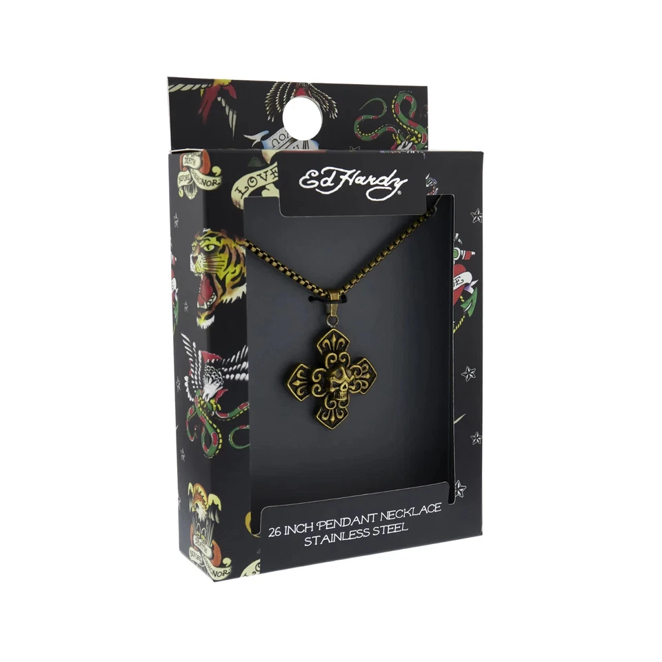 Collar Colgante Calavera Cruz Celta Metal Tono Dorado Acero Inoxidable ED HARDY Foto 1 de 4