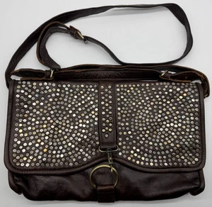 Vintage Chocolate Brown Leather Crossbody With Studded Flap Butter Soft Handmade - Picture 1 of 10