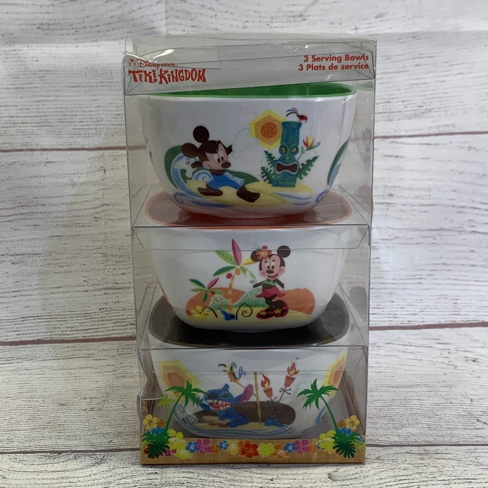 RARO! Disney Store Tiki Kingdom Bowl Set De 3 con Mickey Minnie Stitch Foto 1 de 4