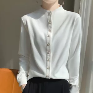 Ladies Fleece Top Bottoming Shirt Coat Solid Beaded Button Casual Thermal Warm - Picture 1 of 23
