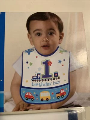 1st Birthday Bib First Train Plane Car Truck Vehicle Blue Boy Party - Image 1 of 4