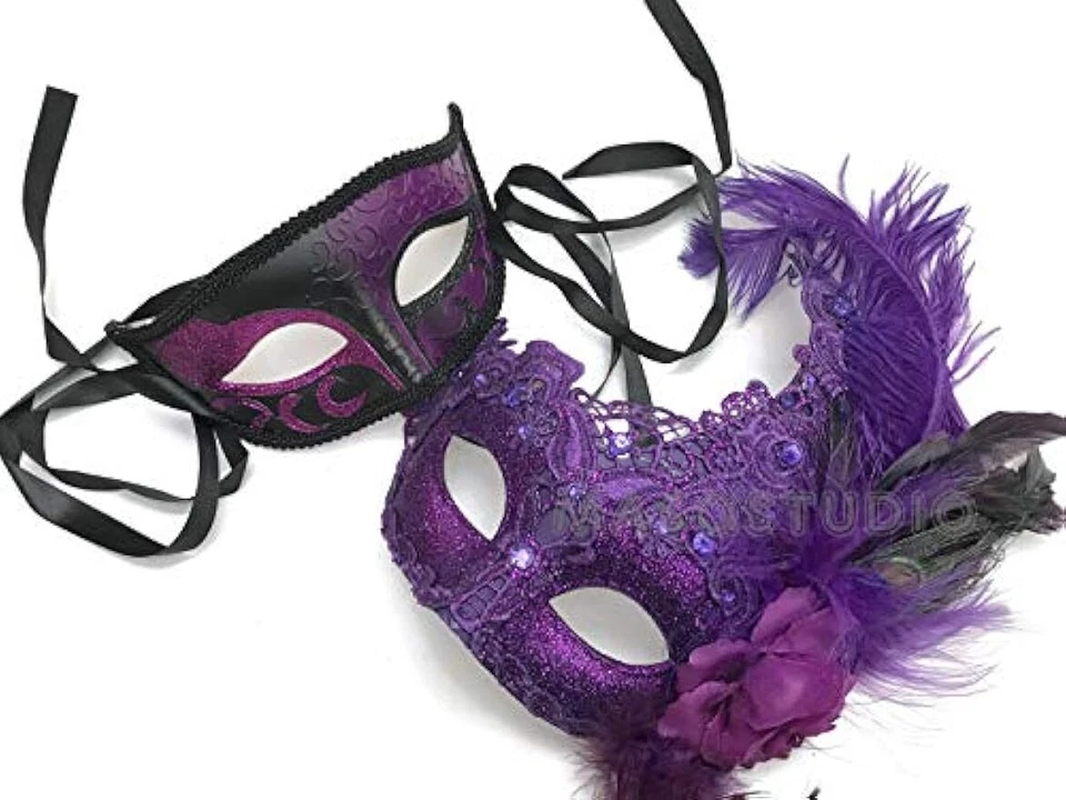 Purple Masquerade Lace Mask Pair Feather Birthday Mardi Gras Carnival Party - Image 1 of 3