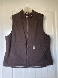 CARHARTT Womens Size Large Sherpa Lined Brown Canvas Duck Sandstone Zip Vest EUC - Picture 1 of 5