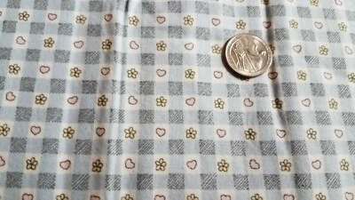 COTTON FABRIC  PINK HEARTS & FLOWERS ON BLUE & WHITE PLAID SPECTRIX 1YD - Image 1 of 2