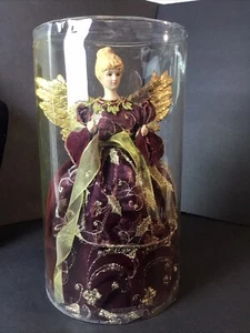 Vintage Christmas Percaline Angel Tree Topper Maroon Velvet Gown Gold Wings 12” - Picture 1 of 10